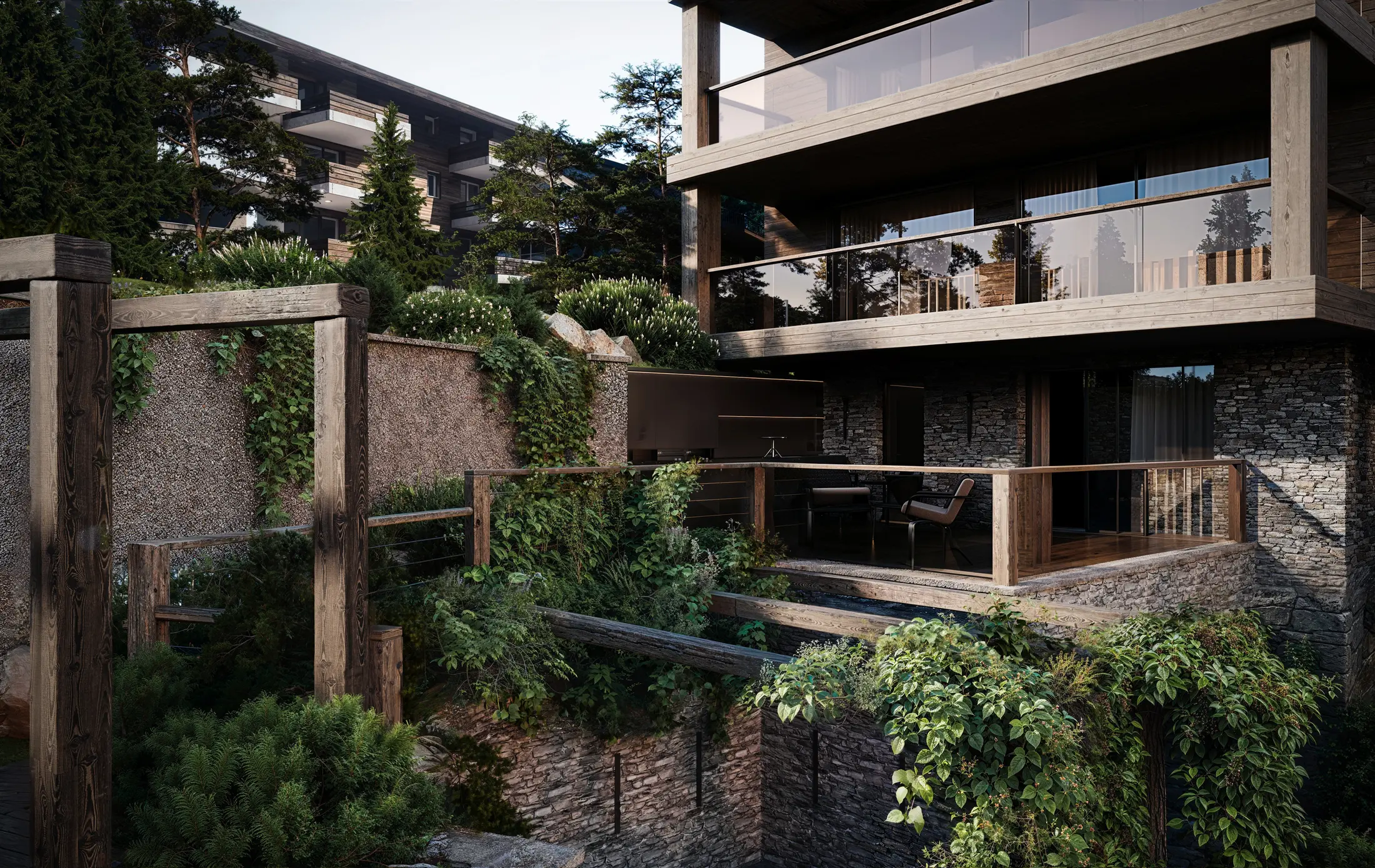 Moderne Terrasse mit dunklem Holzgeländer und Natursteinwänden, efeuberankte Pergola, Kies-Bodenfläche, modernes Wohnhaus im Hintergrund